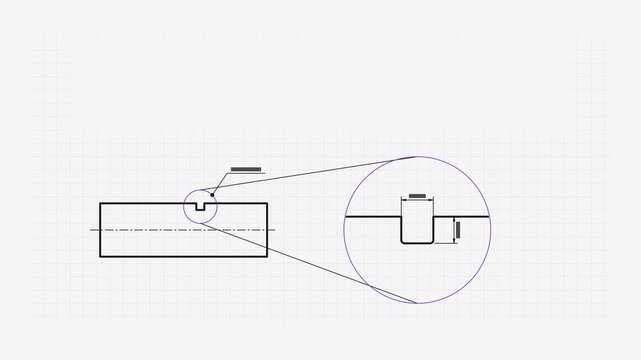 Seamless 4K looping technical drawing animation: detail callout zoom enlarged fragment. Clean vector line work that builds itself on a light background in purple and violet, with construction grid, ce