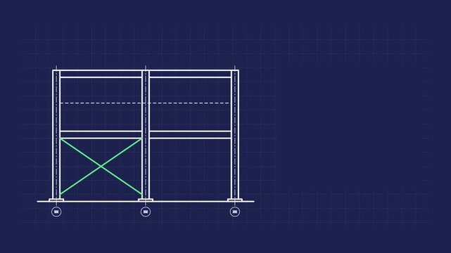 Animated structural frame drawing beams columns drawn as a precise engineering blueprint in blue and azure on a dark background. Smooth 4K seamless loop with self drawing lines and room for text. Wide