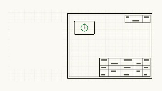 Seamless 4K looping technical drawing animation: title block empty ruled form. Clean vector line work that builds itself on a light background in green and emerald, with construction grid, centre line