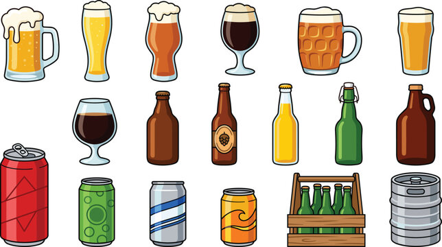 Beer Vector Icon Set with Mugs Glasses Bottles Cans and Keg for Pub Menu Designs