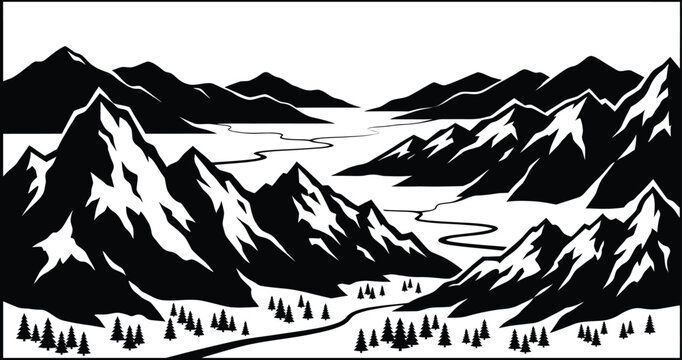 Dramatic mountain range landscape with a lake in a woodcut style
