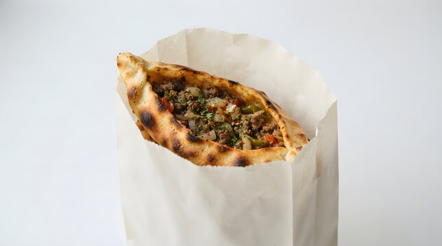Kir pidesi or stuffed pastry pie with cheese, meat and vegetables in open standing paper shopping bag on white background. Turkish pastry and pie, culinary of Turkiye, bread related assets