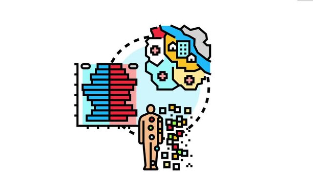 Public health statistics visualization concept with a demographic pyramid, human body data points, and a geographic map representing health care information for populations
