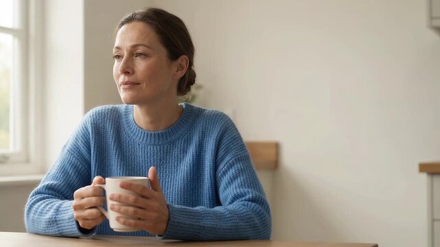 Woman in blue sweater sits by bright window holding white mug in both hands then lifts it to drink, looking aside with calm thoughtful expression