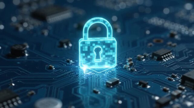 Glowing Blue Digital Padlock Hovering and Pulsing Above an Electronic Circuit Board Background