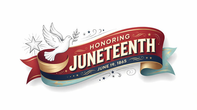 Juneteenth ribbon with dove and stars honoring freedom day June 19 1865 celebration.