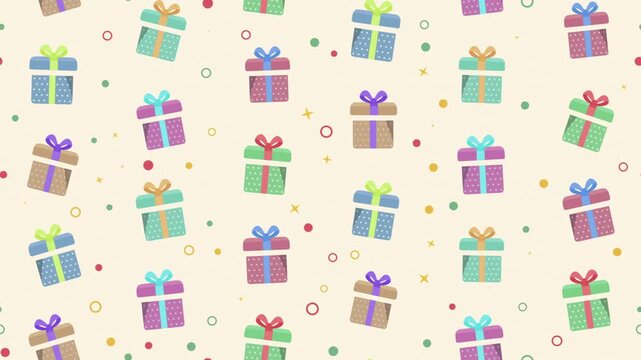 Colorful gift box pattern like holiday wrapping paper drifting slowly on a cream background in a seamless loop