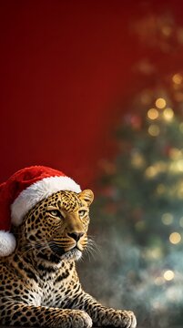 Stunning Leopard Wearing a Festive Santa Claus Hat Standing before Blurred Shimmering Holiday Bokeh