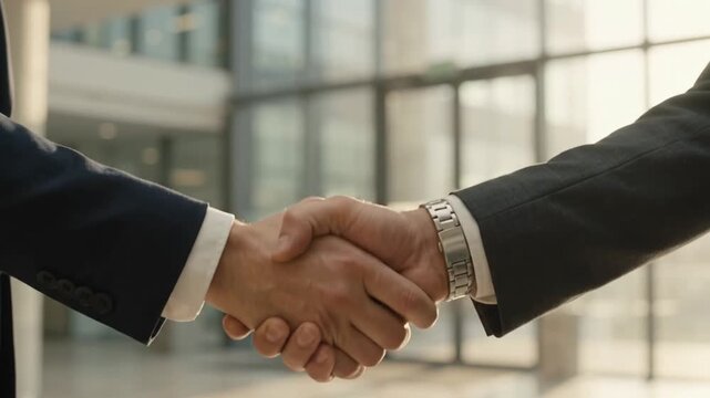Two Business People Reaching Out and Shaking Hands in a Bright Sunlit Modern Office Lobby