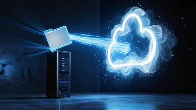 Cloud Storage Server Transfers Digital Data Through Glowing Network Connection, Computing Technology Cybersecurity Concept Dark