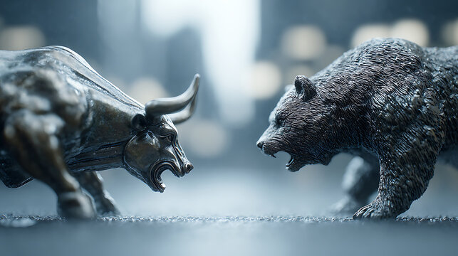 Bull and bear presented as powerful symbols rotating around a shared financial center while expressing opposite market tendencies, conceptual stock market environment intended for banners, analysis ar