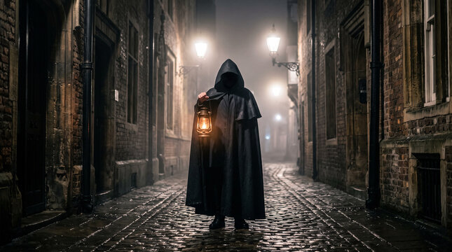 Figura misteriosa con capa oscura sosteniendo un farol encendido en un callej&oacute;n empedrado mojado con niebla durante la noche de Halloween.