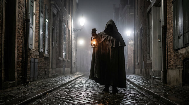 Figura misteriosa con capa oscura sosteniendo un farol encendido en un callej&oacute;n empedrado mojado con niebla durante la noche de Halloween.