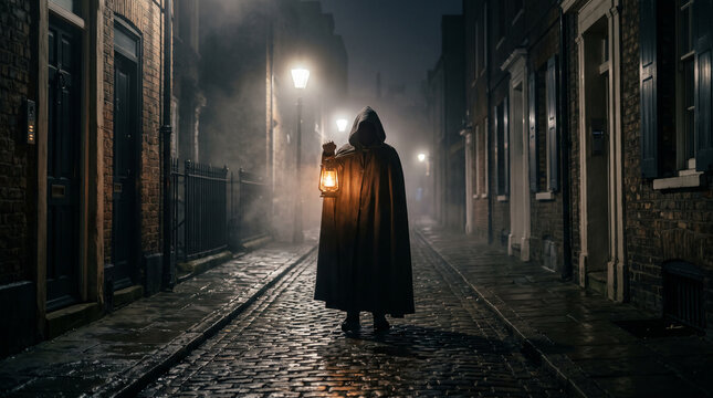 Figura misteriosa con capa oscura sosteniendo un farol encendido en un callej&oacute;n empedrado mojado con niebla durante la noche de Halloween.