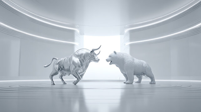 Bull and bear represented as streamlined visual metaphors of optimism and caution inside a sparse financial communication setting, uncluttered banner-ready environment supporting fintech storytelling 