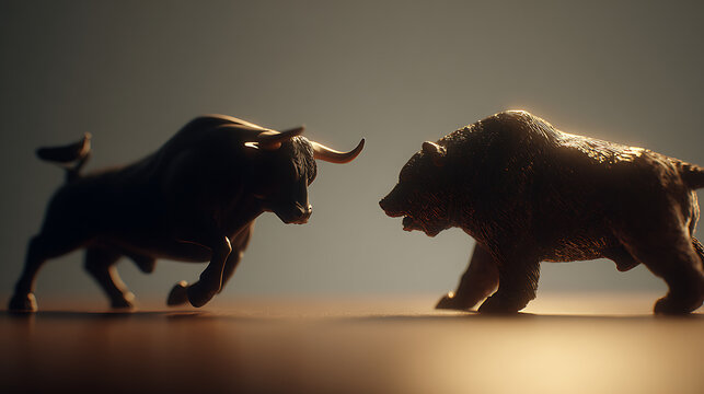 Bull and bear shown as enduring symbols of the turning points that define recurring stock market cycles, focused economic environment crafted for high-level commentary and conceptual press illustratio