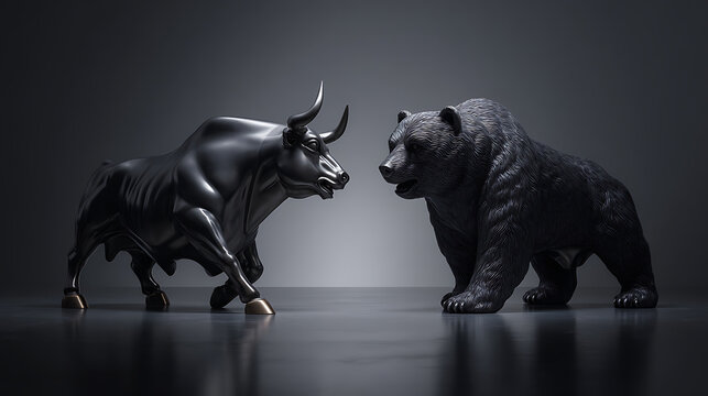 Bull and bear shown as powerful stock market icons influencing a distinguished corporate finance environment associated with leadership, influence, and capital authority, executive financial setting b
