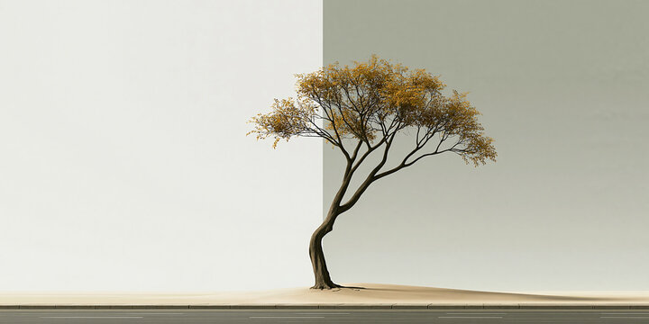 Lone Tree on the Horizon A solitary, windswept tree stands resilient against a contrasting backdrop, its bare branches reaching towards the sky, symbolizing endurance and adaptation.