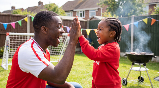 Father and daughter celebrating a football goal with a high five in a decorated backyard for game day marketing.