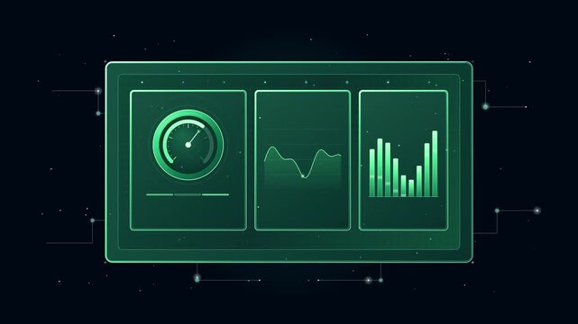 Futuristic green HUD interface with data charts, speedometer, and analytical graphs in dark space