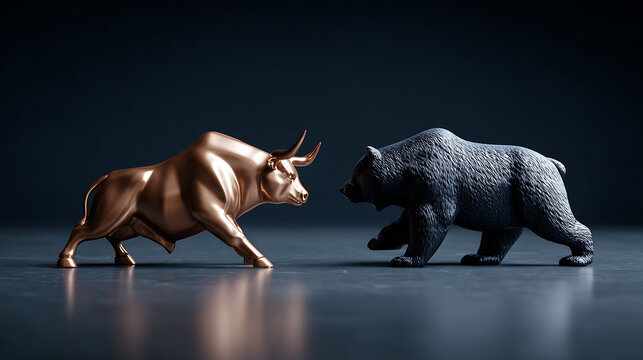 Bull and bear shown as symbolic market opponents embodying contrasting forces that shape stock behavior and investor interpretation, minimal economic storytelling environment tailored to finance thumb