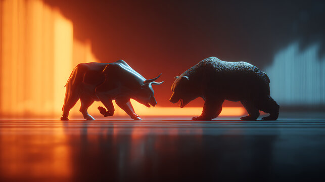 Bull and bear shown as symbolic opponents confronting one another in a high-pressure scene where market control hangs in balance, stylized investment arena environment intended for app branding and mo