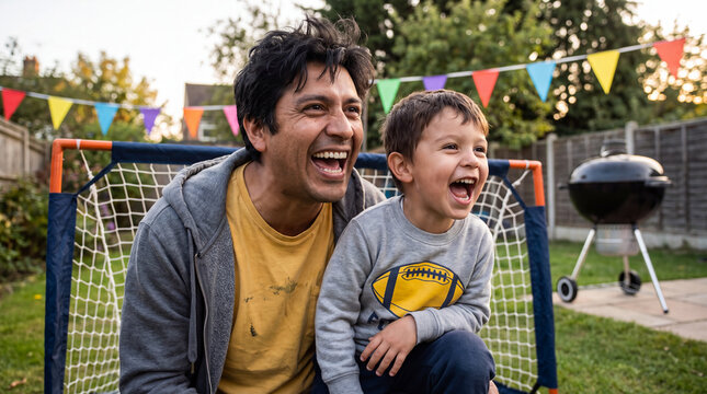 Father and son cheering near a football goal net in a decorated backyard for game day promotions.