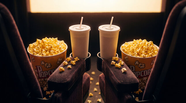 Two popcorn buckets and drinks on adjacent theater armrests with scattered kernels for date night movie marketing.