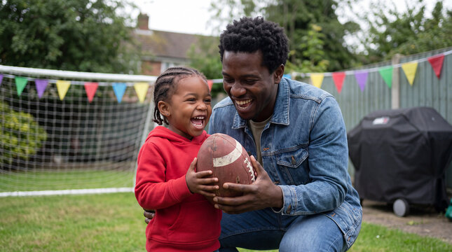 Father helping his toddler daughter hold a football in a backyard for Big Game Party family content.
