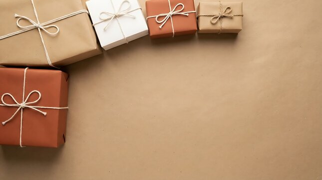Rustic christmas gift boxes wrapped in brown and white paper with twine bows on a neutral beige background