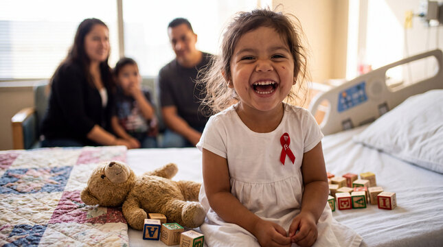 A toddler girl with a red ribbon pin laughs joyfully with alphabet blocks in a hospital room for World AIDS Day posts.