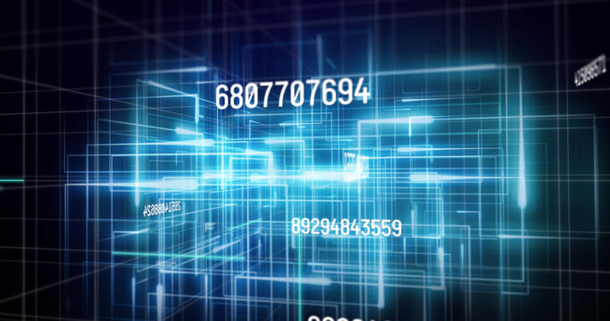 Image of data processing over light trails on black background