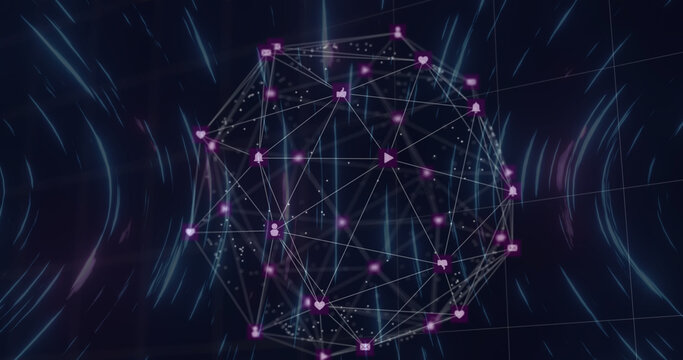 Globe of digital icons and blue light trails spinning against blue background