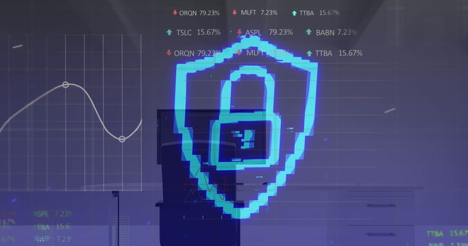 Digital security concept with glowing lock icon overlaying stock market data charts