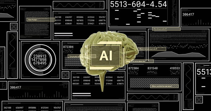 Image of ai text, brain and data processing over black background