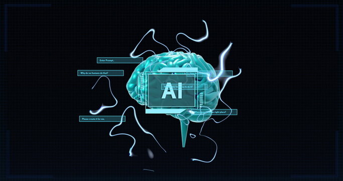 Image of ai text, brain and data processing over black background