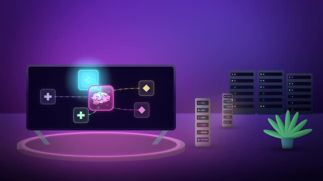 Purple AI mind map in tech room AI brain room scene animation