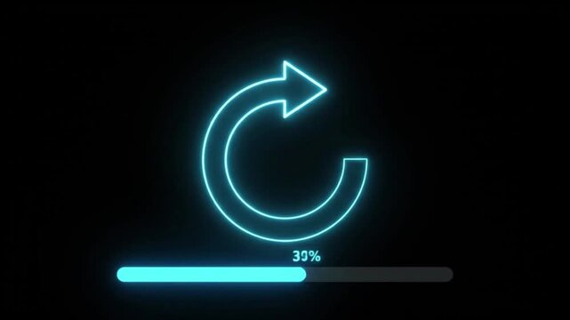 Blue neon refresh arrow rotating with loading progress bars on dark background in a premium cinematic tech shot for software interface marketing