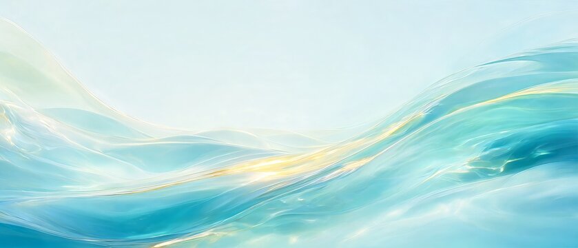Abstract Elegant Waved Ocean Surface Banner with Golden Sunlit Refractions and Aqua Liquid Flows