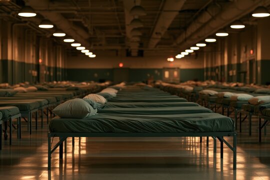 Rows of empty cots stretching through a brightly lit barracks-style communal sleeping hall