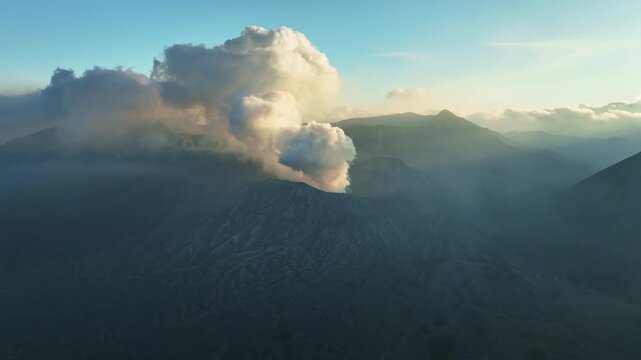 Aerial view of Amazing Mount Bromo volcano during sunrise sky,Beautiful Mountains Penanjakan in Bromo Tengger Semeru National Park,East Java,Indonesia.Nature landscape background,High quality video