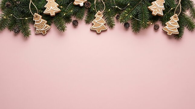 Christmas background with gingerbread tree cookies, pine branches, pine cones and fairy lights on a pastel pink surface