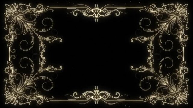 Golden ornate frames assembling on black background with shimmering filigree and cinematic lighting for luxury event branding