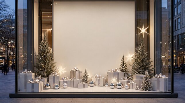 A Luxurious Retail Festive Holiday Store Window Display Featuring Gift Packages And Decorations Set
