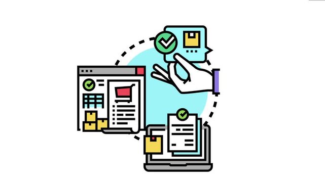Hand holding a digital document with a product box and checkmark, connecting to a web page with a shopping cart and a laptop displaying confirmed orders, an online purchasing process