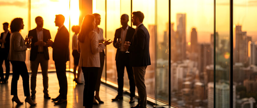 Diverse business people engaged in conversation, blurred against glowing city skyline at golden sunset, warm amber and orange tones, professional atmosphere, corporate networking and partnership.