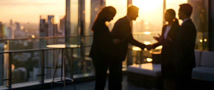 Dramatic blurred silhouettes of multiethnic business colleagues talking and shaking hands, city skyscrapers skyline in background during vibrant sunset.