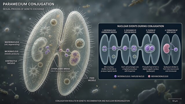 3d medical illustration of two paramecia in conjugation with zoomed inset showing micronucleus meiosis, haploid nuclear exchange, and new macronuclei formation for biology study