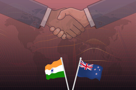 India and New Zealand Partnership, Business Handshake with National Flags, International Trade and Cooperation Concept