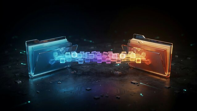 Conceptual data migration with blue and orange folders connected by a stream of colorful glowing cubes on a dark textured background